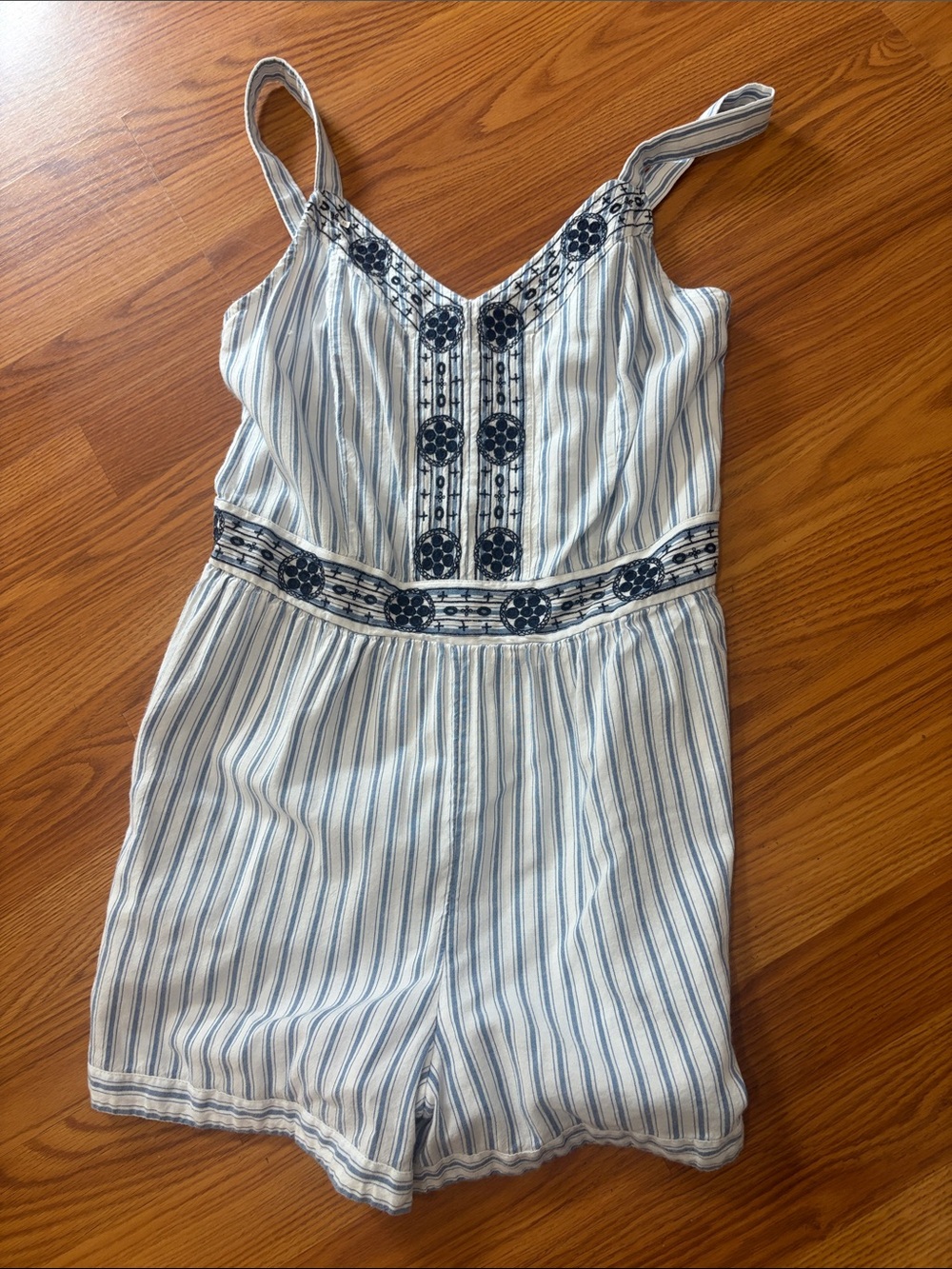 True Craft Striped Sleeveless Romper with Navy Embroidery
